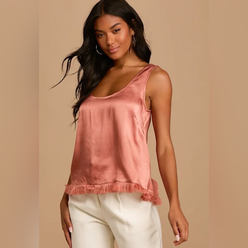 *NWT* Lulus XS Frilly Feelings Rose Pink Satin Fray Hem Tank Top Boho Chic Cami